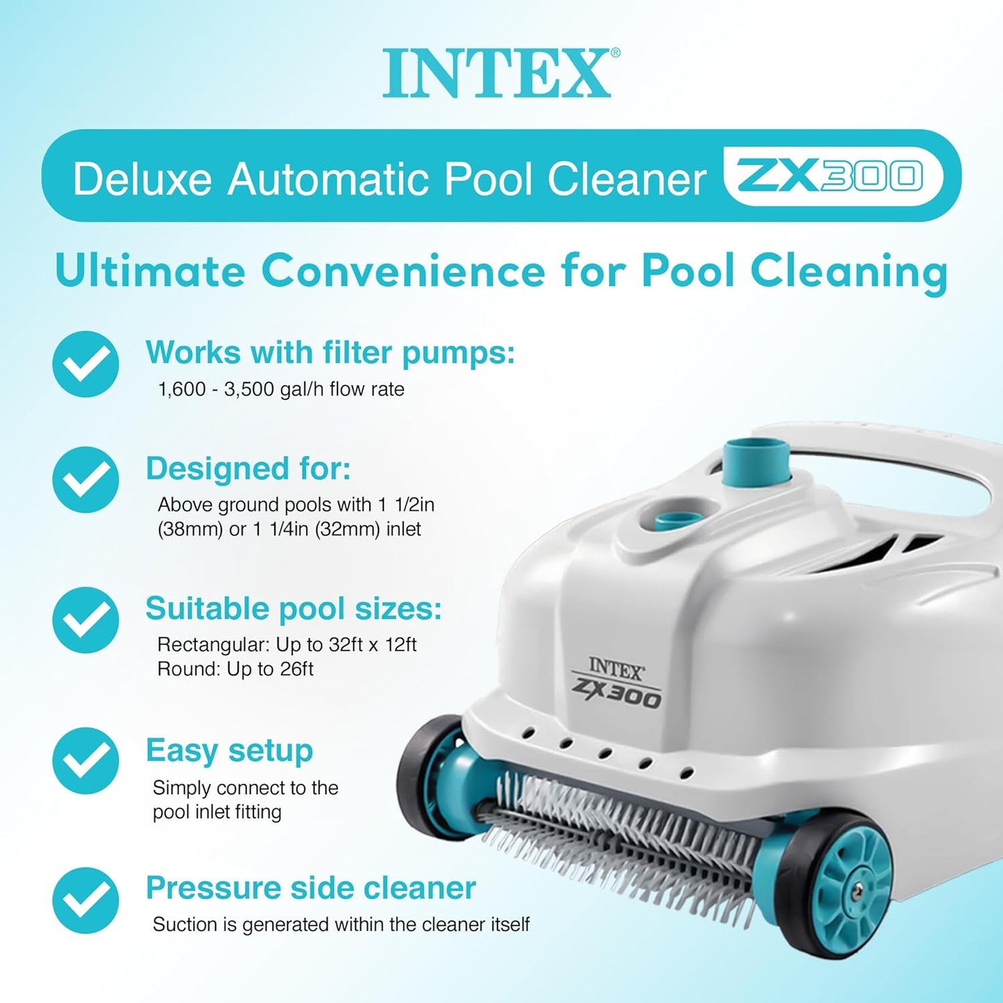 INTEX Deluxe Pressure-Side Above Ground Automatic Pool Cleaner Vacuum - For Bigger Pools – Cleans Pool Floors and Walls – Removes Debris – Removable Filter Tray – 21ft Tangle Free Hose