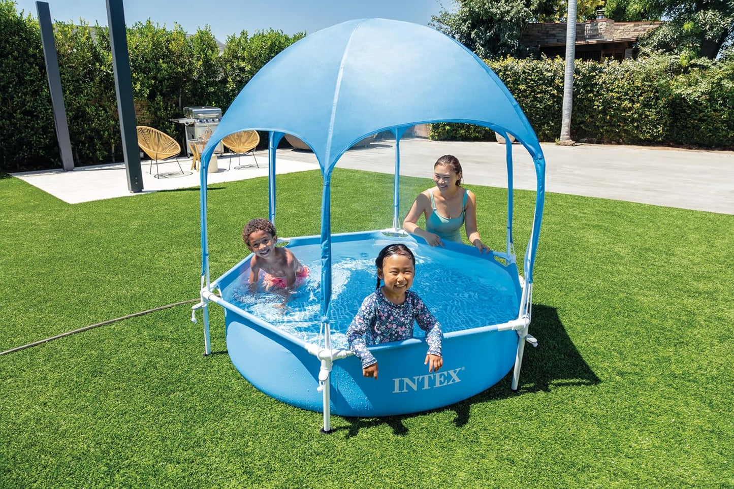 INTEX 28209EP Canopy Metal Frame Above Ground Swimming Pool: 6ft x 15in – Built-in Canopy Sprayer – Puncture-Resistant Material – Easy Assemble – 185 Gallon Capacity