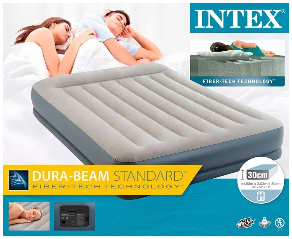 Intex Air Bed (60" x 80" x 12") Queen Size Pillow Rest Mid-Rise Dura Beam Standard With Fiber-Tech™️Technology Bulit-in Electric Pump