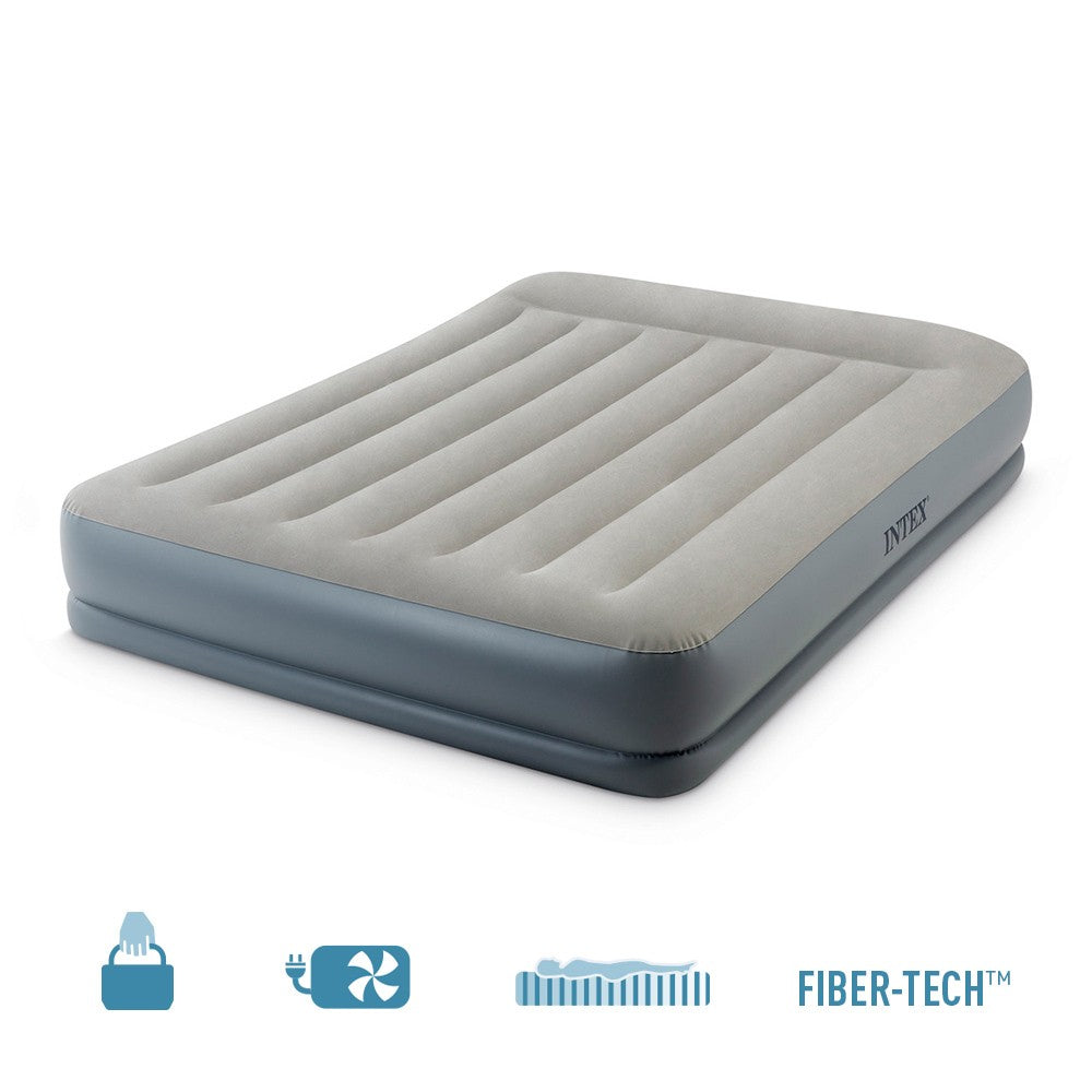 Intex Air Bed (60" x 80" x 12") Queen Size Pillow Rest Mid-Rise Dura Beam Standard With Fiber-Tech™️Technology Bulit-in Electric Pump