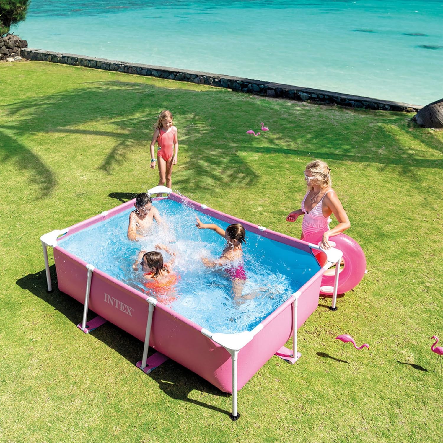 Intex 7' x 5' x 24" Rectangular Metal Frame Above Ground Outdoor Swimming Pool, Pink