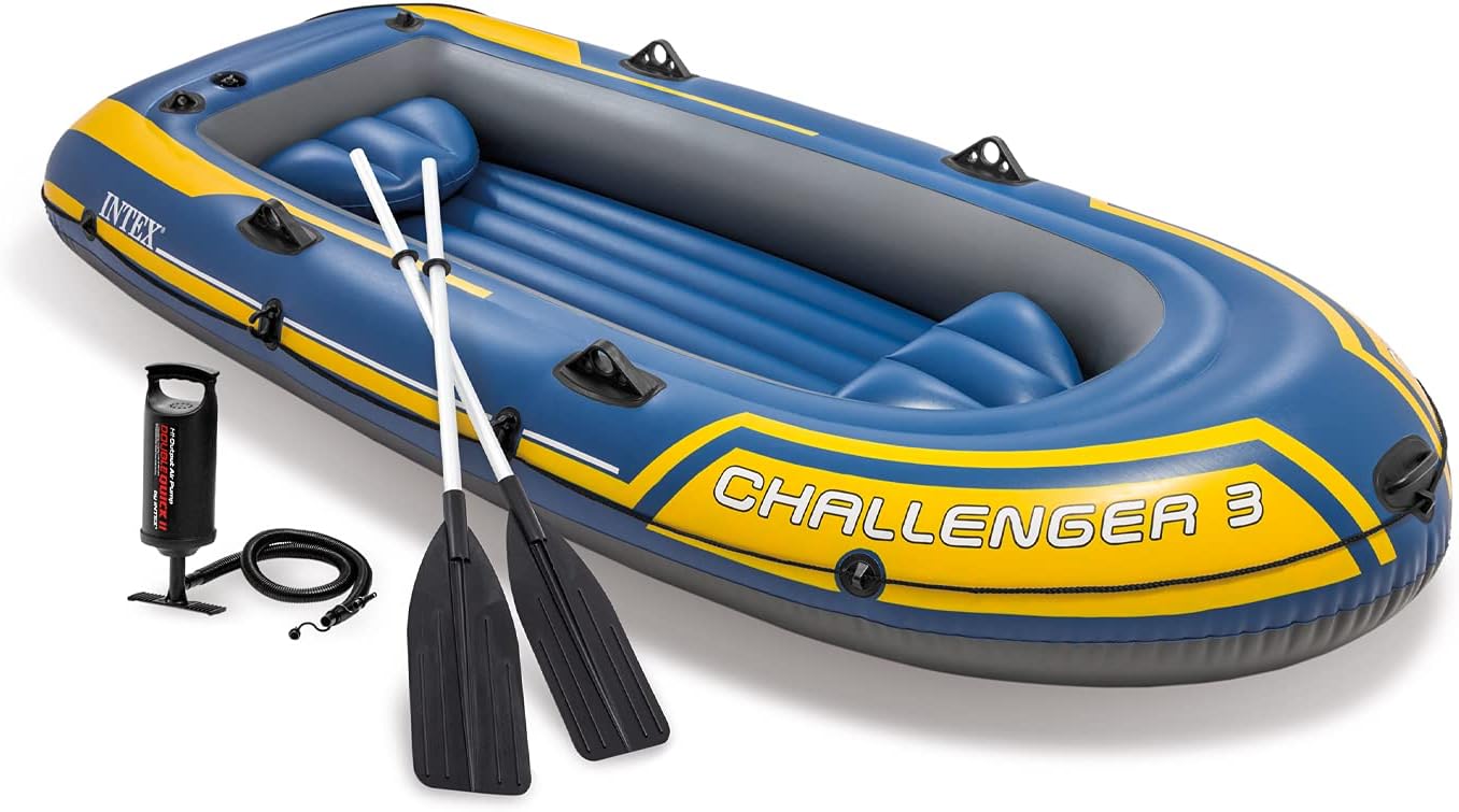 Intex 68370EP Challenger 3 Inflatable Boat Set: Includes Deluxe 48in Boat Oars and High-Output Pump – Triple Air Chambers – Welded Oar Locks – 3-Person – 660lb Weight Capacity