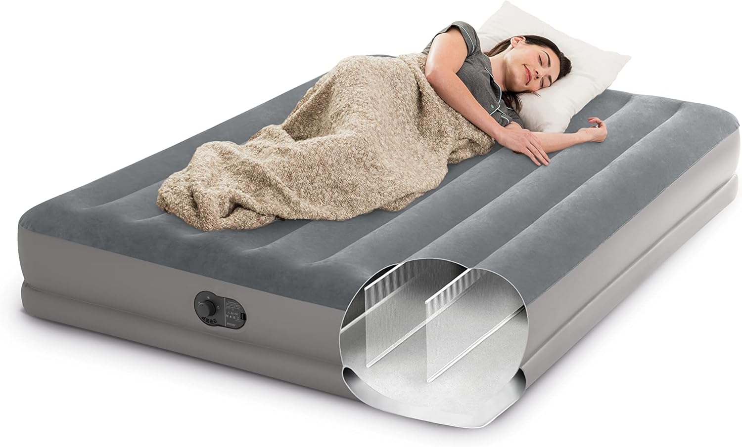INTEX 64114E Dura-Beam Standard Prestige Air Mattress: Fiber-Tech – Queen Size – Built-in USB Electric Pump – 12in Bed Height – 600lb Weight Capacity