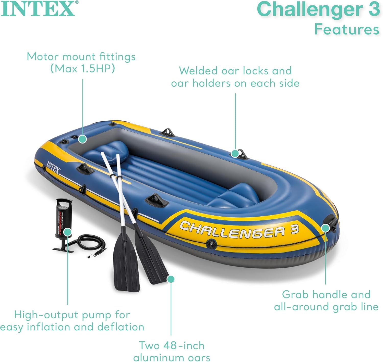 Intex 68370EP Challenger 3 Inflatable Boat Set: Includes Deluxe 48in Boat Oars and High-Output Pump – Triple Air Chambers – Welded Oar Locks – 3-Person – 660lb Weight Capacity