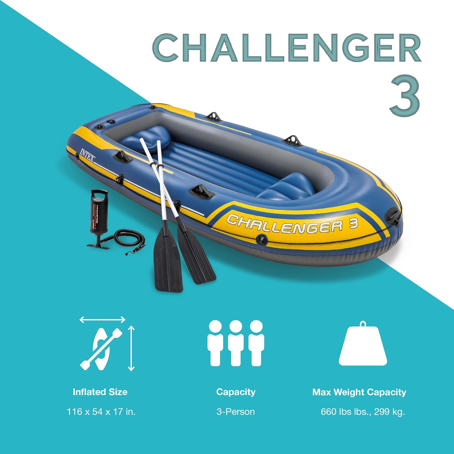 Intex 68370EP Challenger 3 Inflatable Boat Set: Includes Deluxe 48in Boat Oars and High-Output Pump – Triple Air Chambers – Welded Oar Locks – 3-Person – 660lb Weight Capacity