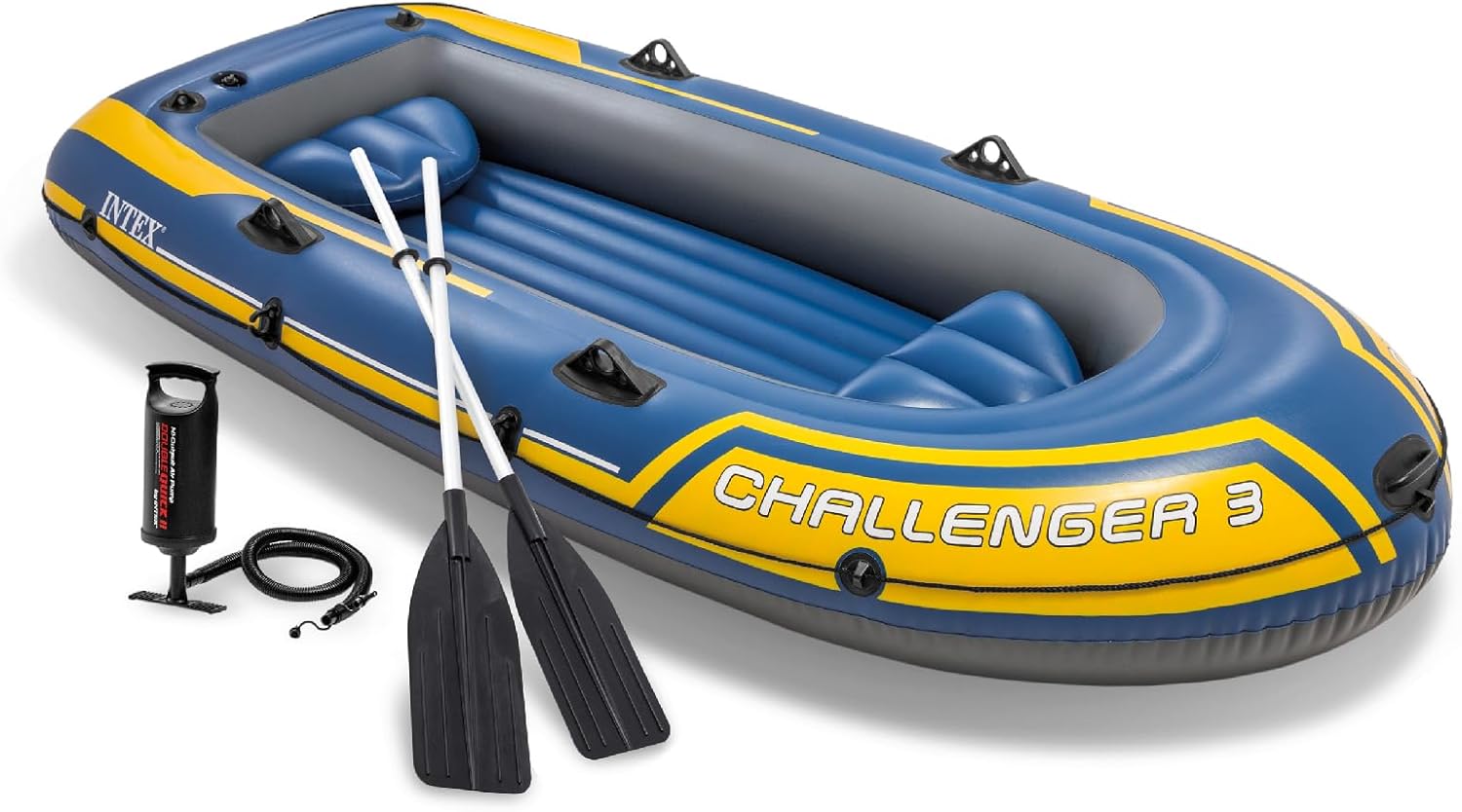 Intex 68370EP Challenger 3 Inflatable Boat Set: Includes Deluxe 48in Boat Oars and High-Output Pump – Triple Air Chambers – Welded Oar Locks – 3-Person – 660lb Weight Capacity