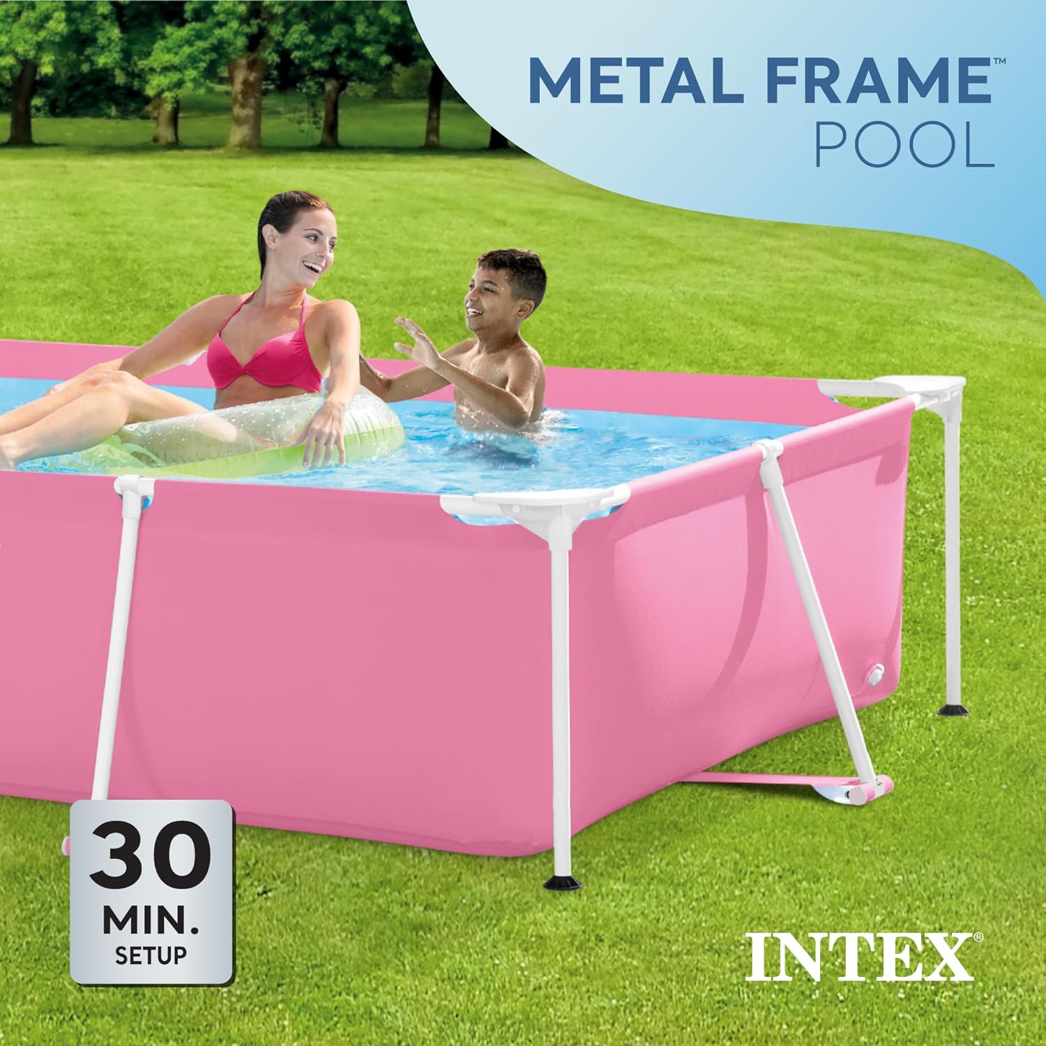 Intex 7' x 5' x 24" Rectangular Metal Frame Above Ground Outdoor Swimming Pool, Pink