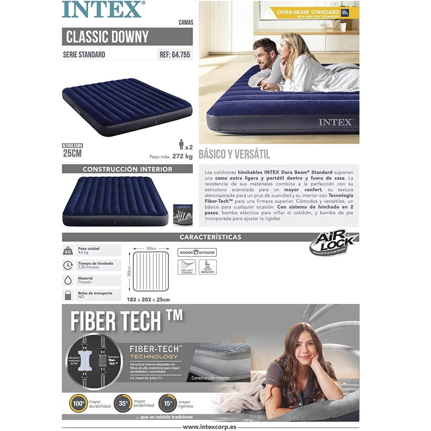 INTEX Air Bed ( 72"x80"x10" ) Classic Downy King Size Dura Beam Standard With Fiber-Tech™️Technology